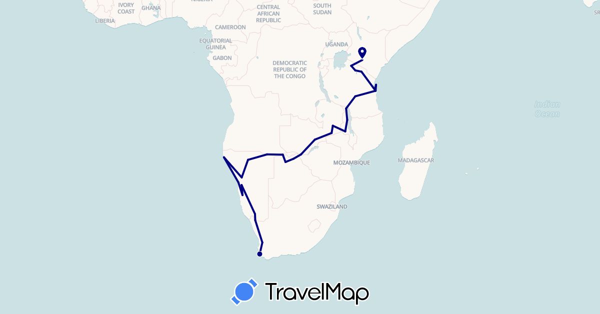 TravelMap itinerary: driving in Botswana, Kenya, Malawi, Namibia, Tanzania, South Africa, Zambia, Zimbabwe (Africa)